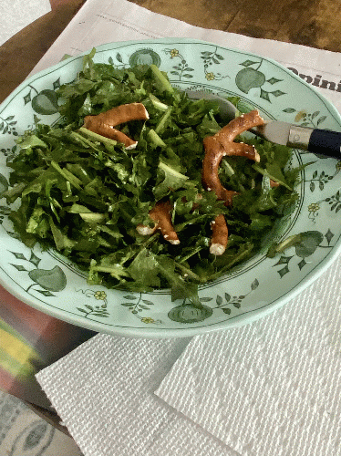 Dandelion greens salad with crushed pretzels for croutons., From Uploaded
